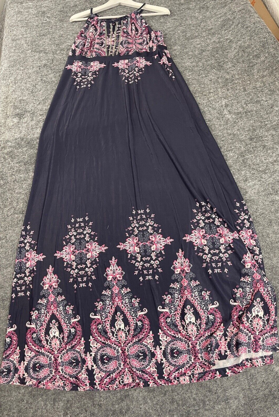 Body Flirt Maxi Dress Womens Small Floral Navy Blue Halter Neck Beaded N335